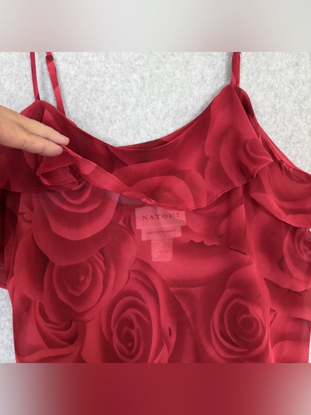 Natori Saks Fifth Avenue Red Sheer Camisole Size Large Rose Print Cami Valentine - Picture 4 of 12